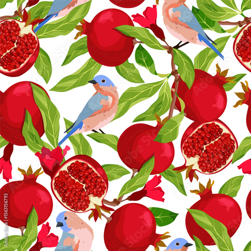 Seamless vector illustration with branches pomegranate and birds on a white background. For decoration of textiles, packaging, wallpaper.