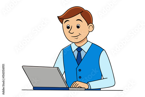 Smiling cartoon man in blue vest and tie working on a laptop computer at a desk