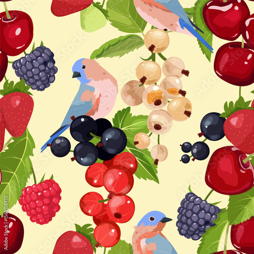 Seamless vector illustration with berries and birds on a light background. For decorating textiles, packaging, cosmetics.