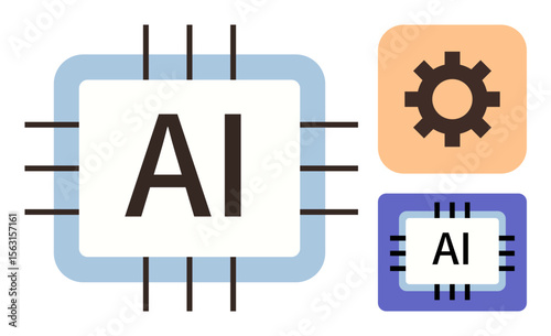 AI processor chip and gear symbol emphasize technology, innovation, and automation. Ideal for artificial intelligence, machine learning, data analysis, innovation, automation, development and smart