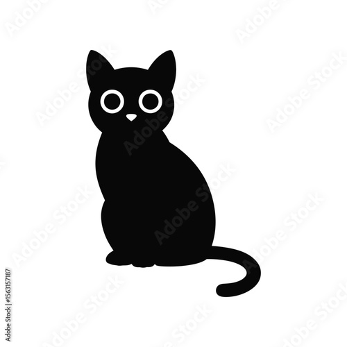 Simple black cat silhouette sitting down looking adorable with white background