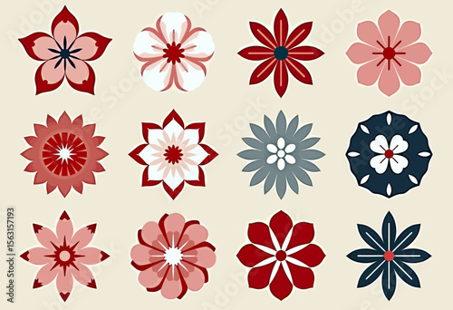 Set of twelve geometric flower icons in a flat, paper cutout style, featuring retro red and blue patterns perfect for creating unique digital or craft designs.
