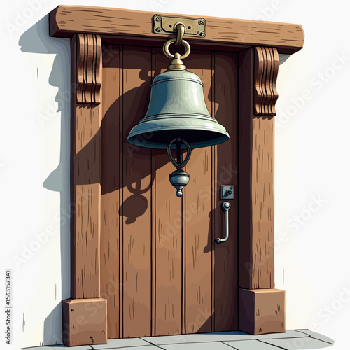 A charming and rustic wooden door featuring a large, old-fashioned bell as a knocker, creating a warm and welcoming entrance in a whimsical illustration style.
