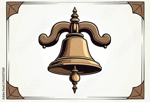 A vintage hand-drawn illustration of an ornate bronze bell with a classic design, set within a simple decorative frame, perfect for a logo or emblem sketch.
