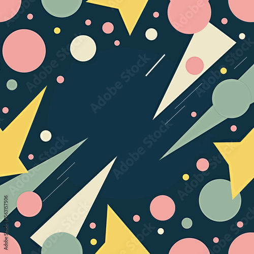 A dynamic abstract background with a playful composition of retro geometric shapes like circles and triangles in soft pastels against a dark, moody backdrop.
