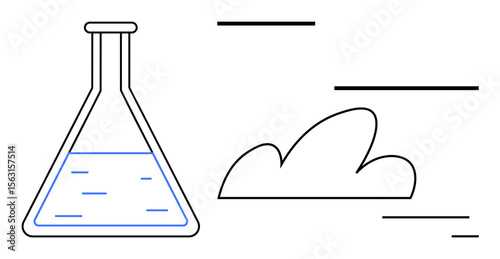 Laboratory flask with liquid and abstract cloud representing scientific research, innovation, technology, and environmental sustainability. Ideal for education, chemistry, environment, innovation