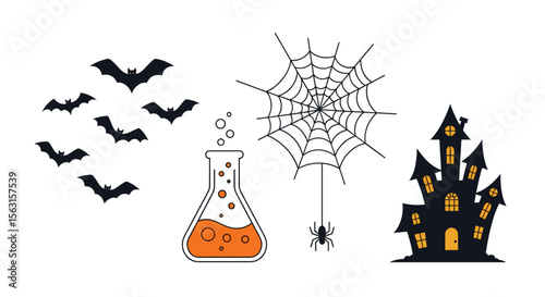 Spooky halloween night symbols featuring flying bats a haunted mansion a creepy spiderweb and a potion flask