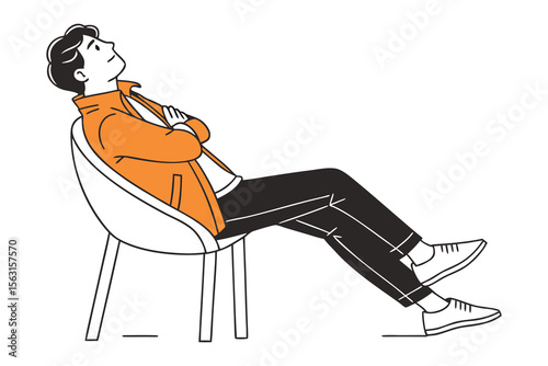 A young man in an orange jacket and black pants sits relaxed on a chair with his arms crossed looking upwards thoughtfully