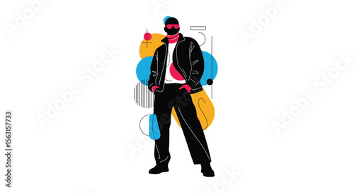 Stylish man dressed in black leather jacket and pants with sunglasses and waist bag stands confidently against a colorful abstract background illustration