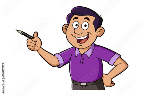 Joyful cartoon man in purple shirt holding a pen and pointing upwards with a friendly smile