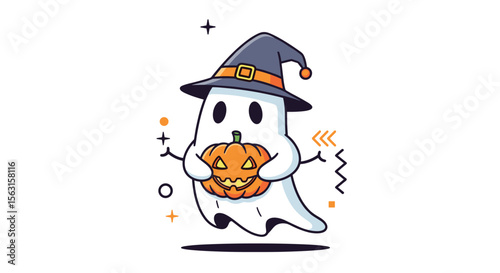 Cute cartoon ghost wearing a witch hat holding a jack o lantern for halloween celebrations and spooky events