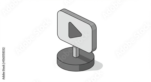 Isometric illustration of a play button icon on a stand, representing video content or media playback.