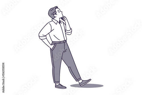 A thoughtful man in casual attire stands with his hand on his chin looking upwards in contemplation and deep thought
