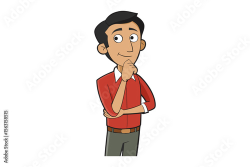 Cartoon man with dark hair wearing a red shirt and grey pants stands with his hand on his chin in a thoughtful pose