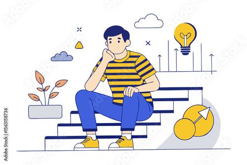 Young person sitting on stairs contemplating a bright idea represented by a lightbulb and growth chart elements