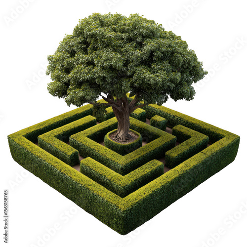 Tree in a hedge maze, top view isolated on transparent background