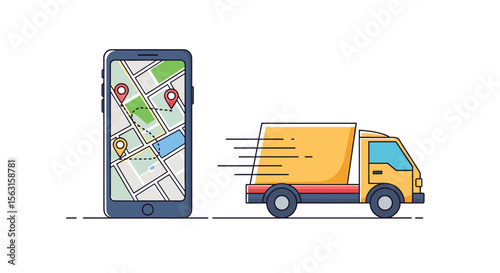 Visualize your delivery route tracking on a mobile map with a fast moving truck illustration