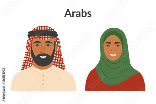 Arab ethnicity people wearing traditional clothes isolated on a white background. Man and woman. Vector flat clipart.