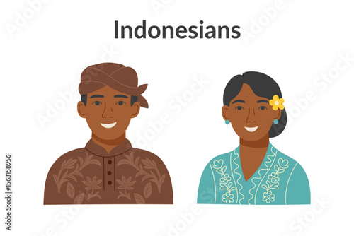 Indonesian ethnicity people wearing traditional clothes isolated on a white background. Man and woman. Vector flat clipart.