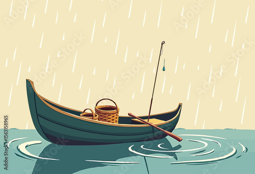 A tranquil fishing scene in the rain, with a solitary wooden boat, baskets, and a fishing rod floating peacefully on the rippling water, evoking serenity.
