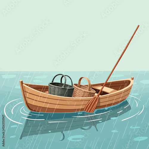 A serene illustration of a wooden rowboat with two baskets floating on calm water during a gentle rain, evoking a mood of peacefulness and quiet solitude.
