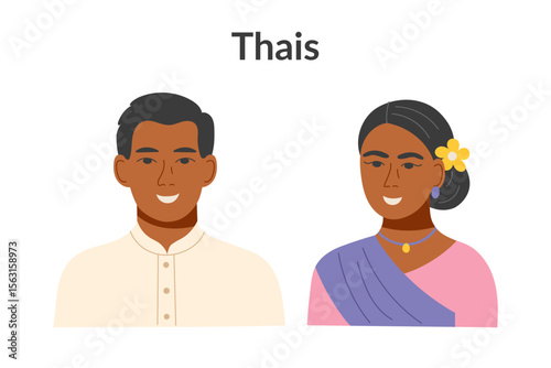 Thais ethnicity people wearing traditional clothes isolated on a white background. Man and woman. Vector flat clipart.