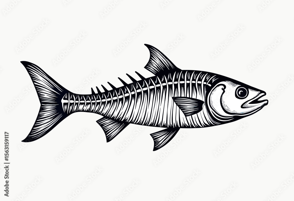 Obraz premium A detailed black and white illustration of a fish skeleton in an engraving or woodcut style, showing the intricate bone structure for a scientific or edgy design. 