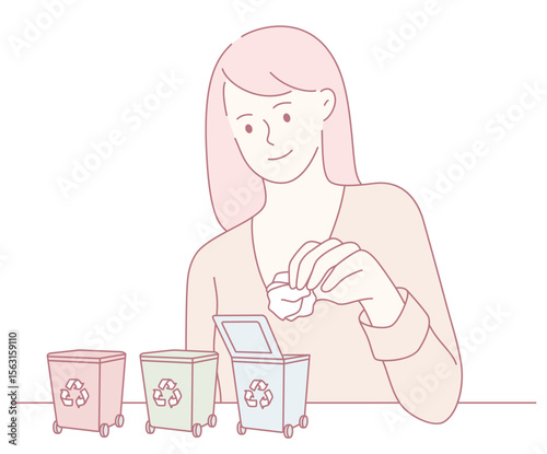 A woman joyfully sorts waste into various recycling bins, promoting essential ecofriendly habits for everyone