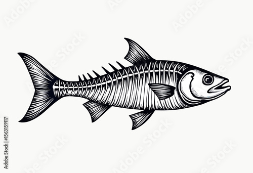 A detailed black and white illustration of a fish skeleton in an engraving or woodcut style, showing the intricate bone structure for a scientific or edgy design.
