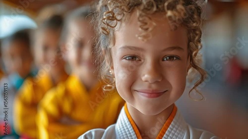 Little girl proudly posing in her karate gi with her class in the background