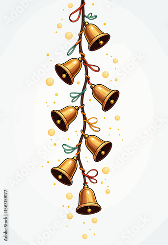 A whimsical vertical Christmas garland with golden bells, colorful ribbons, and magical glowing orbs, perfect for a festive and enchanting holiday design.
