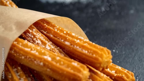 Golden fried churros sprinkled with sugar served in paper cone, close-up view of traditional Spanish dessert on dark background.