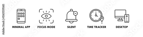 Digital Minimalism banner web icon vector illustration concept with an icon of minimal app, focus mode, silent, time tracker, and desktop