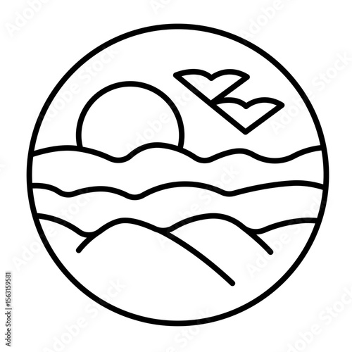 Sandy desert sunset bubble thin line icon, arabian desert concept. Vector graphics. Desert landscape with sun and mountains sign on white background, style mobile or design.