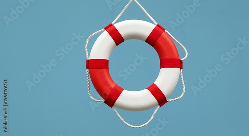 Emergency lifebuoy presented on a bold blue backdrop, conveying readiness for rescue.