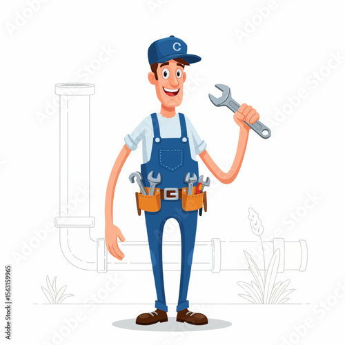 cartoon plumber character holding a wrench and smiling
