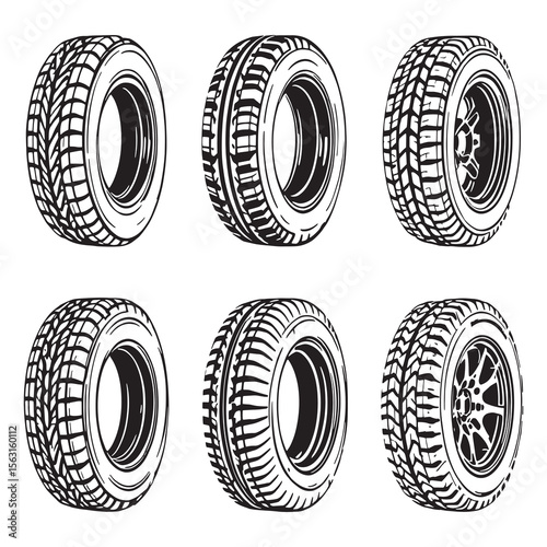 black and white car tyres vector line art design