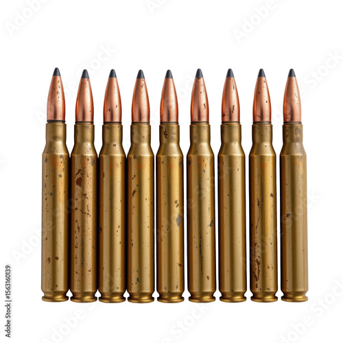 Close-up of gold and copper ammunition rounds lined up on a white background in perfect alignment