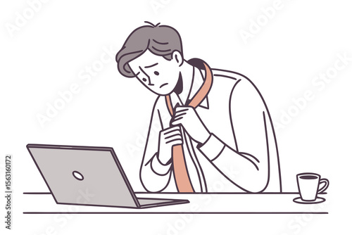 Frustrated businessman struggling to tie his tie while looking down at his laptop with a cup of coffee nearby