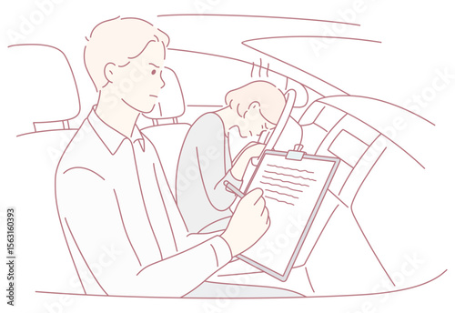 A man diligently writing notes while a woman remains focused on her tasks inside the cars interior space