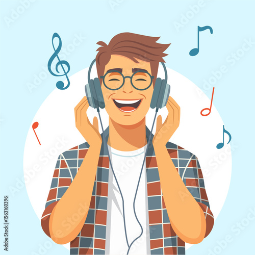 A young guy listens to music with headphones with a smile.  Vector illustration