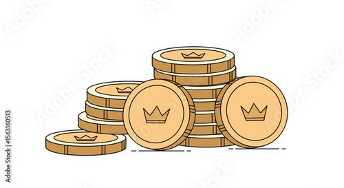 Golden coins with royal crown symbols stacked for wealth and prosperity