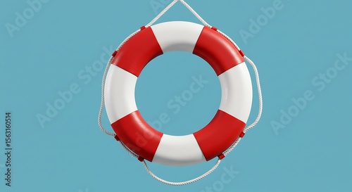 Iconic red and white lifebuoy hanging on a vibrant blue background, signifying aid.