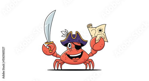 Cheerful cartoon crab pirate holding a cutlass and a treasure map ready for adventure
