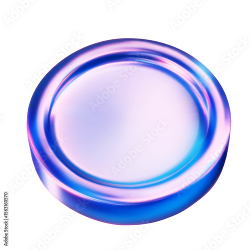 Iridescent glass coin. Sleek glass coin icon glows with chromatic dispersion. 3D vector illustration