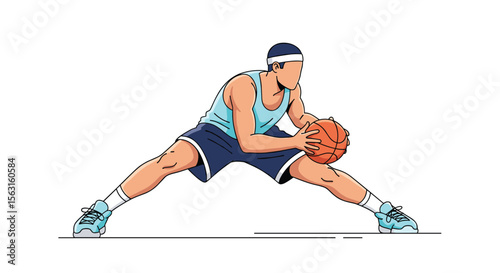 Athletic basketball player in a wide stance dribbling the ball with focused intensity during a game or practice session