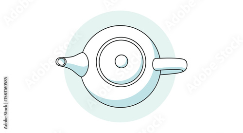 A stylized overhead view of a classic ceramic teapot showing its spout handle and lid detail