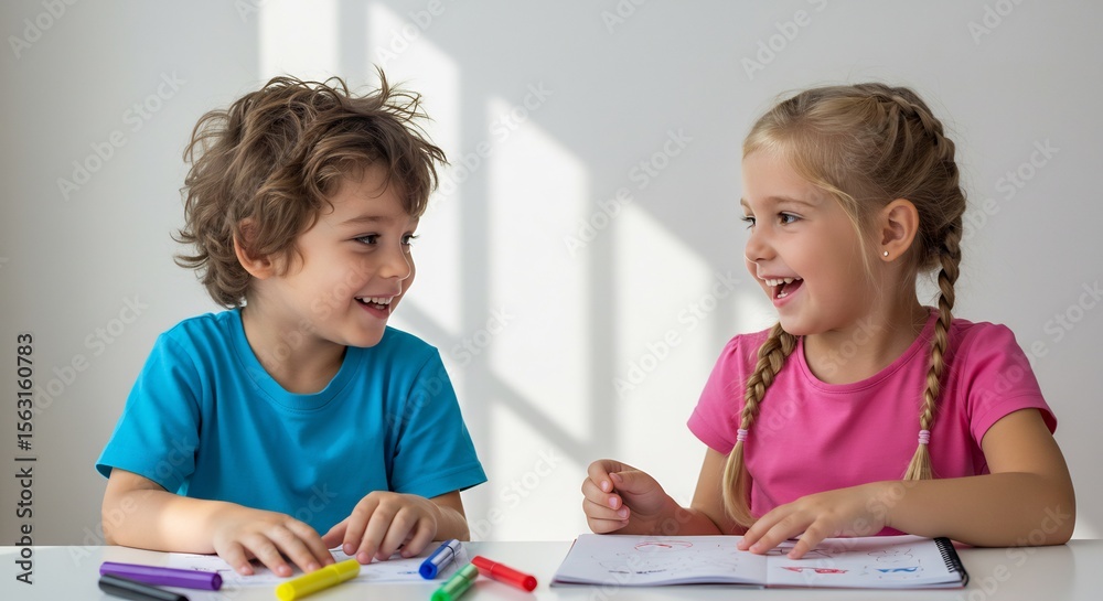 陽光降り注ぐ部屋で笑顔輝く子供二人 創造力豊かな時間. AI Generated 陽光降り注ぐ部屋で笑顔輝く子供二人 創造力豊かな時間. AI Generated