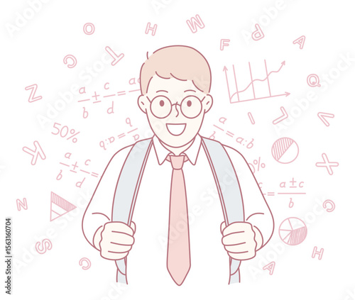 A cheerful young student wearing glasses, smartly dressed, happily surrounded by various learning symbols and graphs