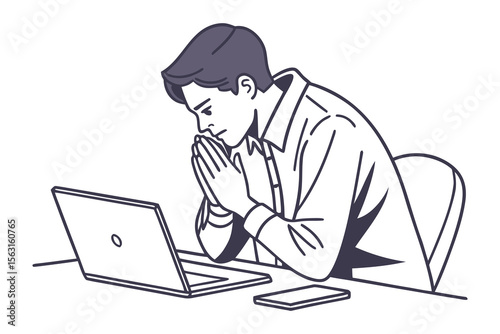 A focused man sits at a desk with his hands clasped in front of his face contemplating a laptop and smartphone
